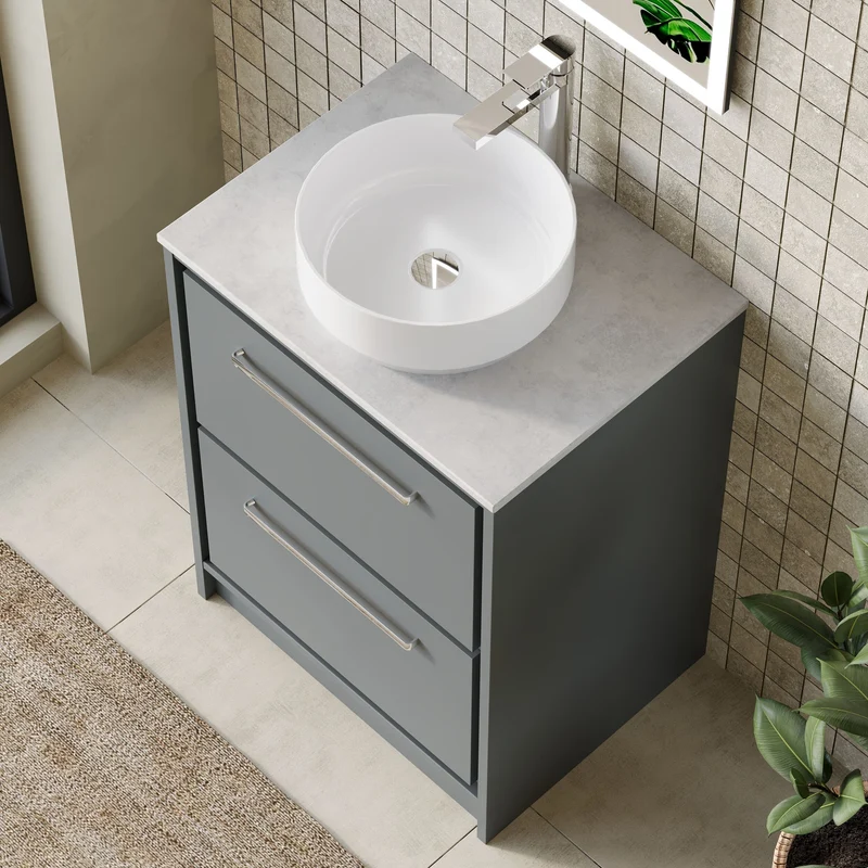 Lille 600mm Floor Standing 2 Drawer Vanity Unit & White Marble Worktop - Coastal Grey Matt