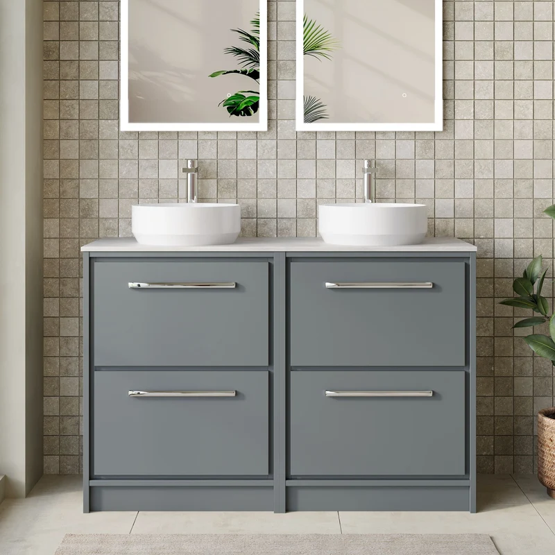 Lille 1200mm Floor Standing 4 Drawer Vanity Unit & White Marble Worktop - Coastal Grey Matt