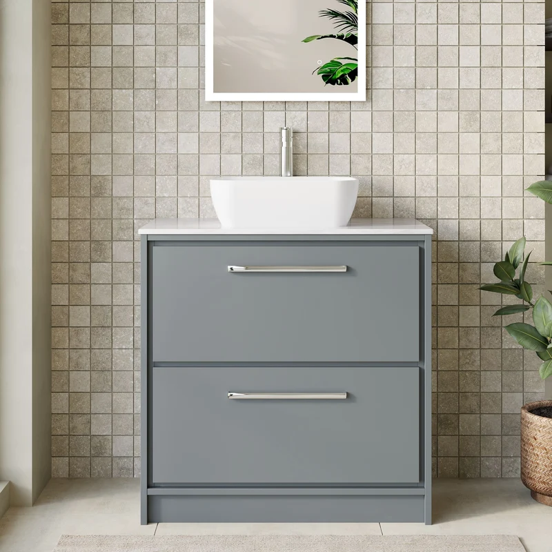 Lille 800mm Floor Standing 2 Drawer Vanity Unit & Grey Marble Worktop - Coastal Grey Matt