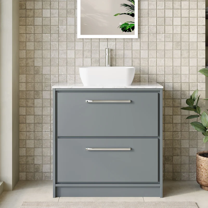 Lille 800mm Floor Standing 2 Drawer Vanity Unit & Carrera Marble Worktop - Coastal Grey Matt