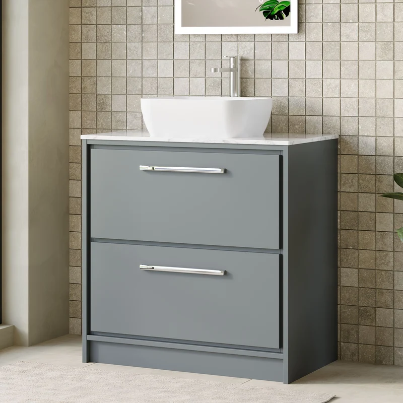 Lille 800mm Floor Standing 2 Drawer Vanity Unit & Carrera Marble Worktop - Coastal Grey Matt