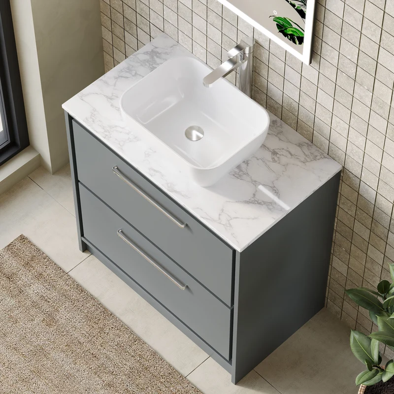 Lille 800mm Floor Standing 2 Drawer Vanity Unit & Carrera Marble Worktop - Coastal Grey Matt