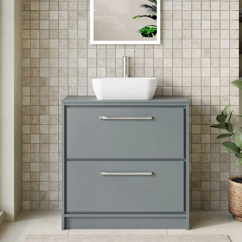 Lille 800mm Floor Standing 2 Drawer Vanity Unit & Worktop - Coastal Grey Matt