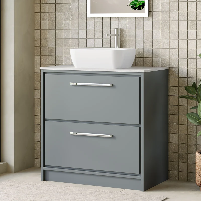 Lille 800mm Floor Standing 2 Drawer Vanity Unit & White Marble Worktop - Coastal Grey Matt