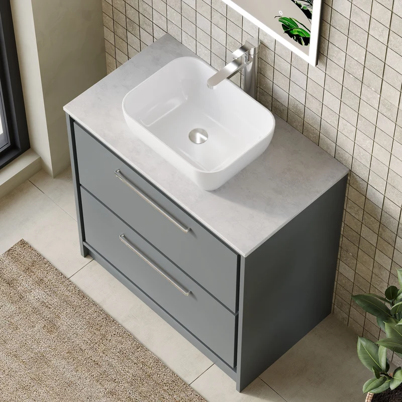 Lille 800mm Floor Standing 2 Drawer Vanity Unit & White Marble Worktop - Coastal Grey Matt