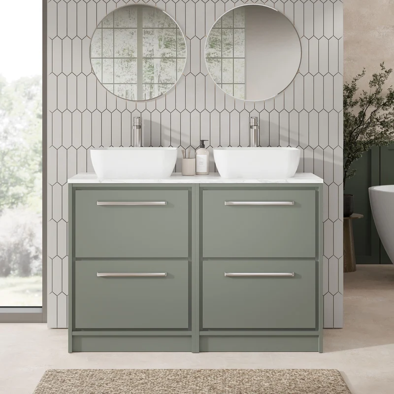 Lille 1200mm Floor Standing 4 Drawer Vanity Unit & Carrera Marble Worktop - Fern Green Matt