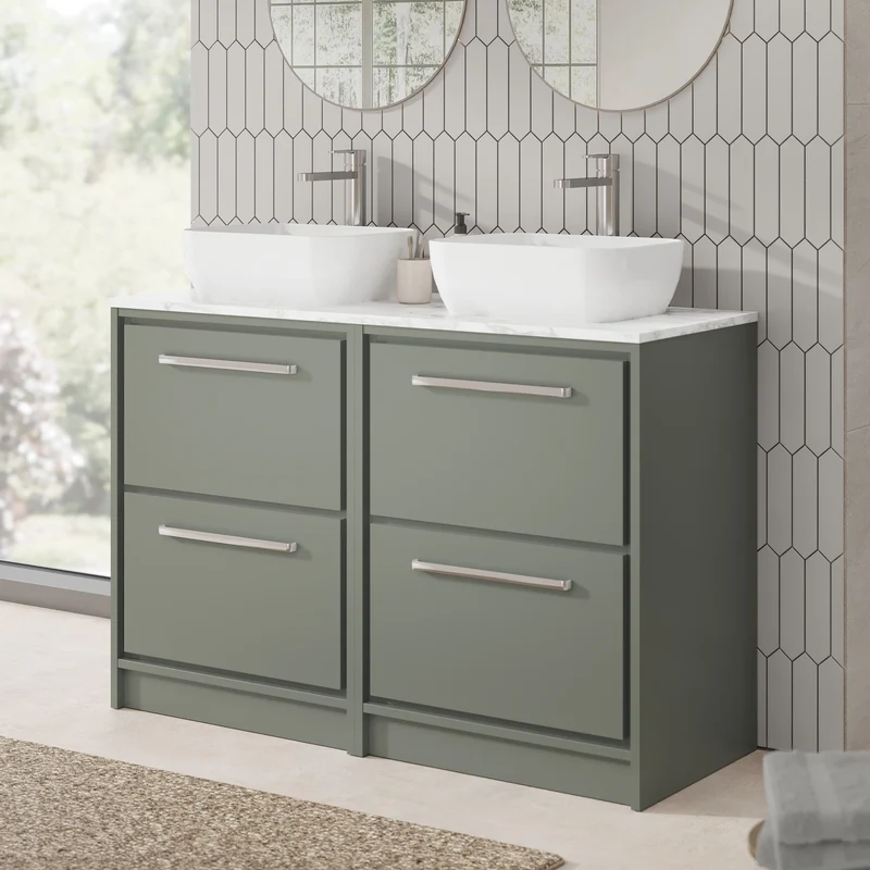 Lille 1200mm Floor Standing 4 Drawer Vanity Unit & Carrera Marble Worktop - Fern Green Matt