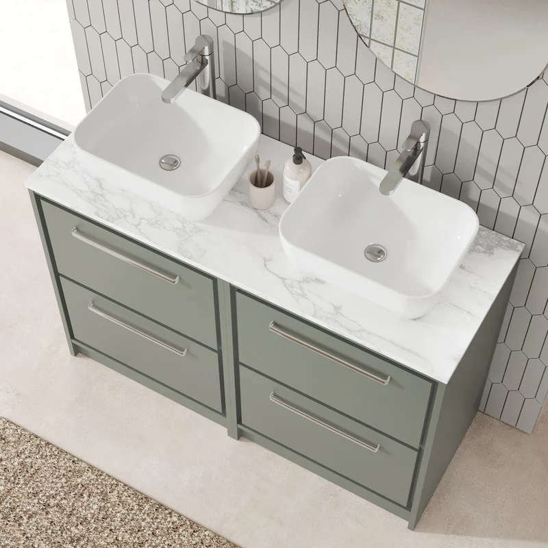 Lille 1200mm Floor Standing 4 Drawer Vanity Unit & Carrera Marble Worktop - Fern Green Matt