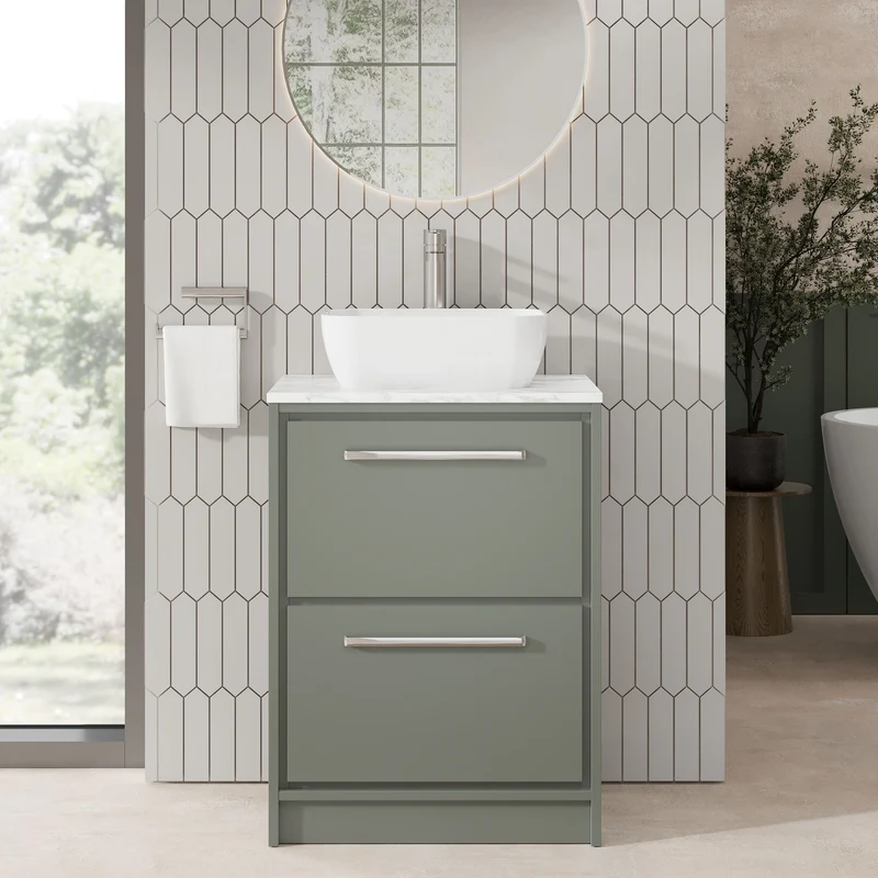 Lille 600mm Floor Standing 2 Drawer Vanity Unit & Carrera Marble Worktop - Fern Green Matt