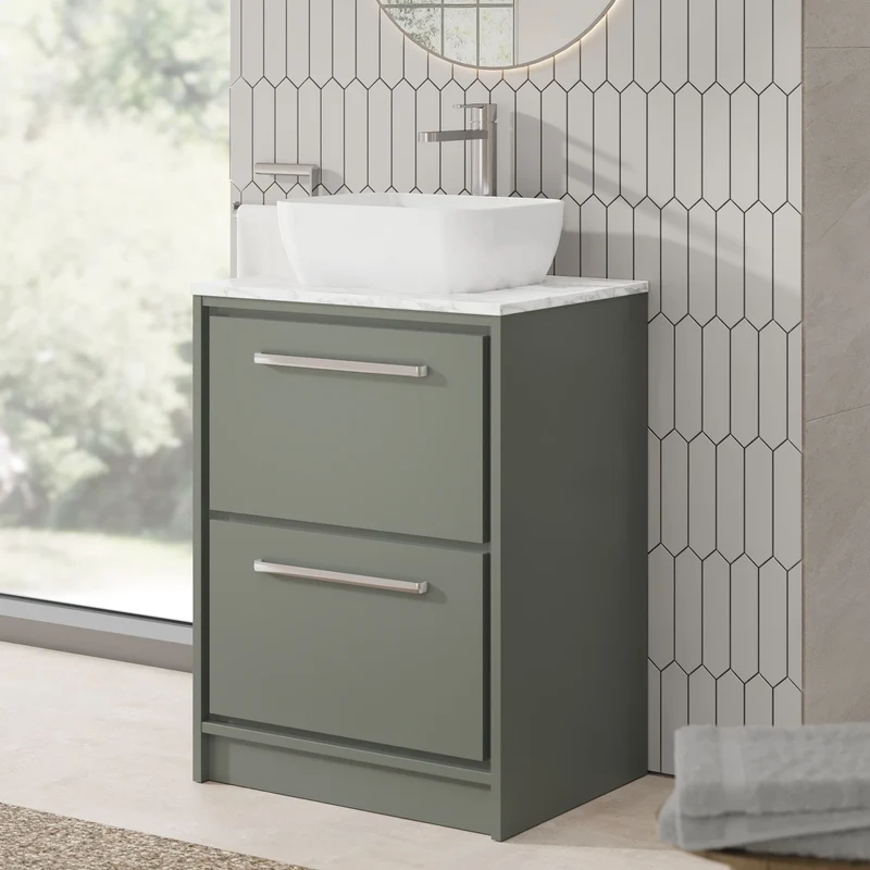 Lille 600mm Floor Standing 2 Drawer Vanity Unit & Carrera Marble Worktop - Fern Green Matt