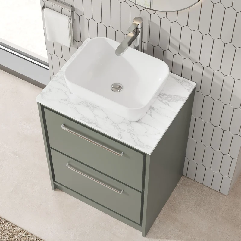 Lille 600mm Floor Standing 2 Drawer Vanity Unit & Carrera Marble Worktop - Fern Green Matt