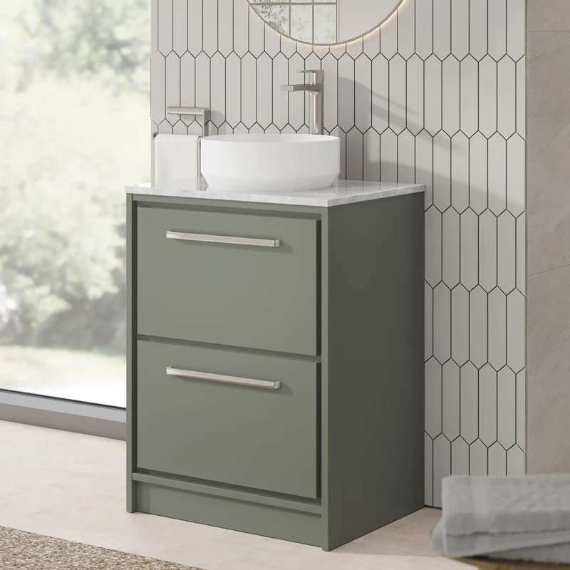 Lille 600mm Floor Standing 2 Drawer Vanity Unit & Grey Marble Worktop - Fern Green Matt