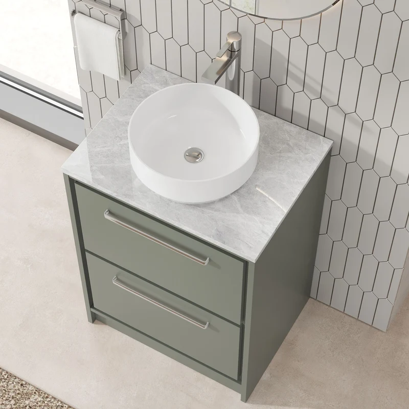 Lille 600mm Floor Standing 2 Drawer Vanity Unit & Grey Marble Worktop - Fern Green Matt