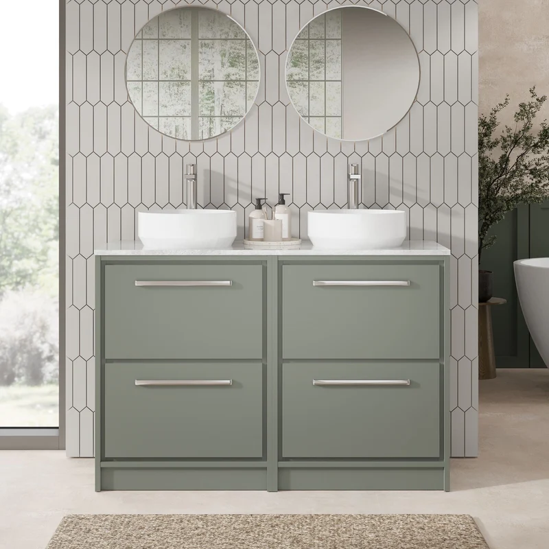 Lille 1200mm Floor Standing 4 Drawer Vanity Unit & Grey Marble Worktop - Fern Green Matt