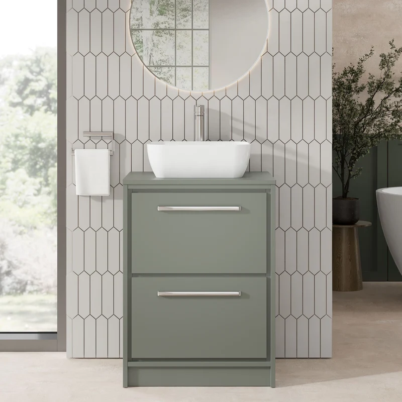 Lille 600mm Floor Standing 2 Drawer Vanity Unit & Worktop - Fern Green Matt