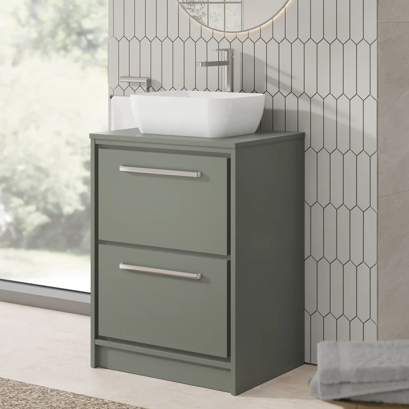 Lille 600mm Floor Standing 2 Drawer Vanity Unit & Worktop - Fern Green Matt