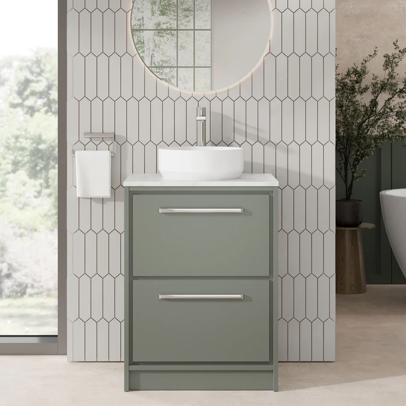 Lille 600mm Floor Standing 2 Drawer Vanity Unit & White Marble Worktop - Fern Green Matt