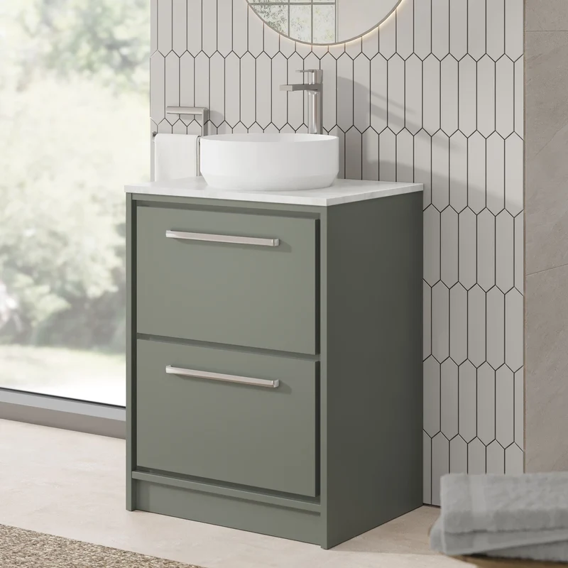 Lille 600mm Floor Standing 2 Drawer Vanity Unit & White Marble Worktop - Fern Green Matt