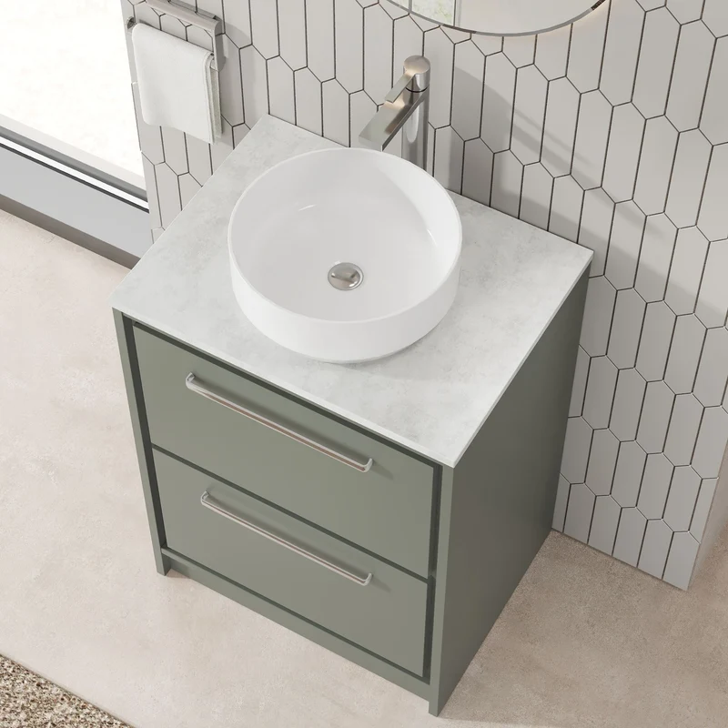 Lille 600mm Floor Standing 2 Drawer Vanity Unit & White Marble Worktop - Fern Green Matt