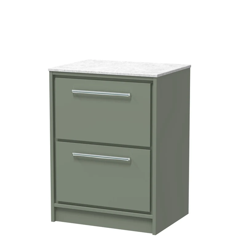 Lille 600mm Floor Standing 2 Drawer Vanity Unit & White Marble Worktop - Fern Green Matt