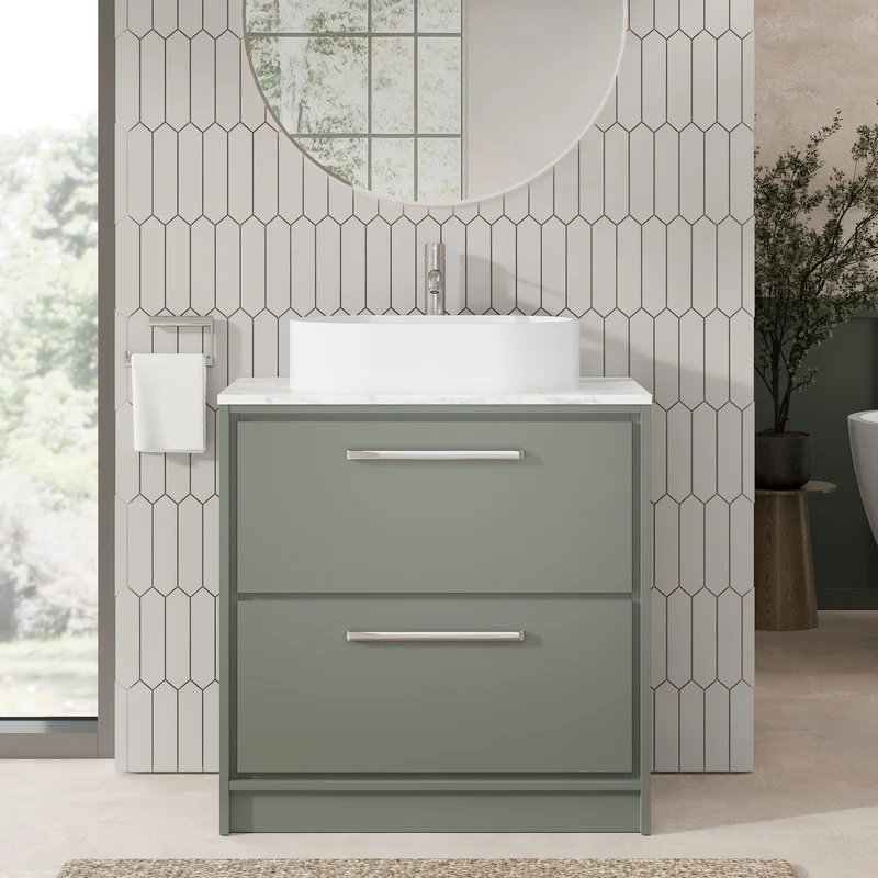 Lille 800mm Floor Standing 2 Drawer Vanity Unit & Carrera Marble Worktop - Fern Green Matt