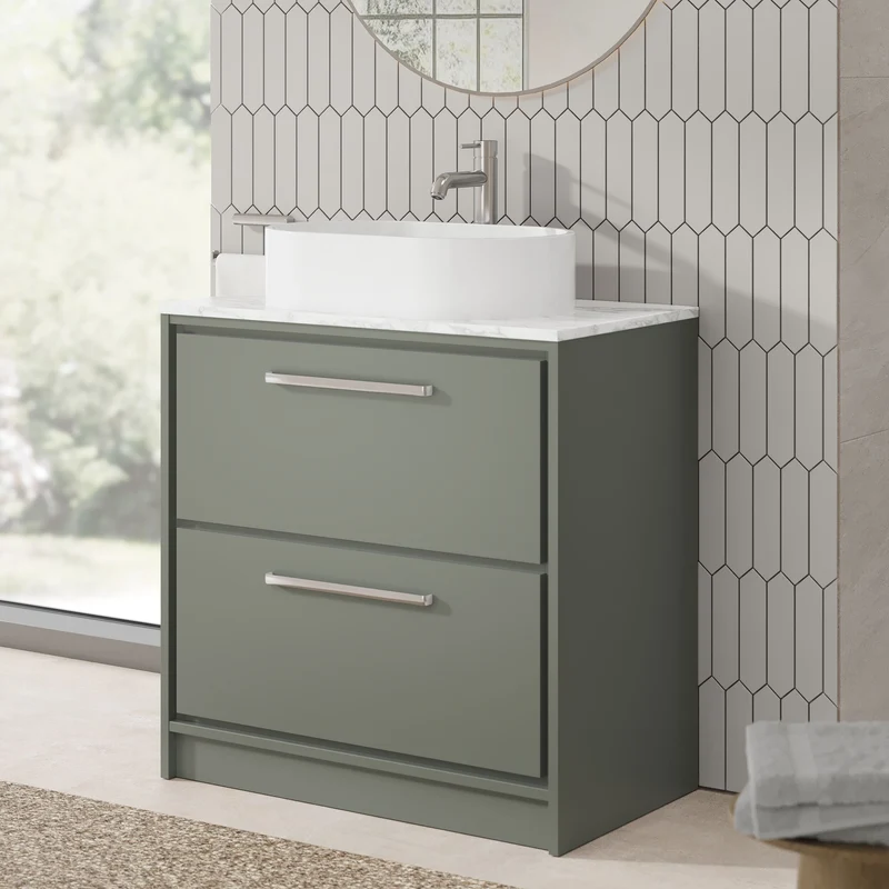 Lille 800mm Floor Standing 2 Drawer Vanity Unit & Carrera Marble Worktop - Fern Green Matt