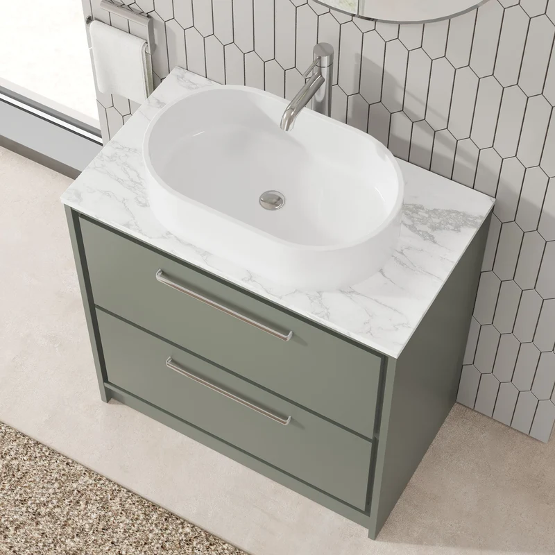 Lille 800mm Floor Standing 2 Drawer Vanity Unit & Carrera Marble Worktop - Fern Green Matt