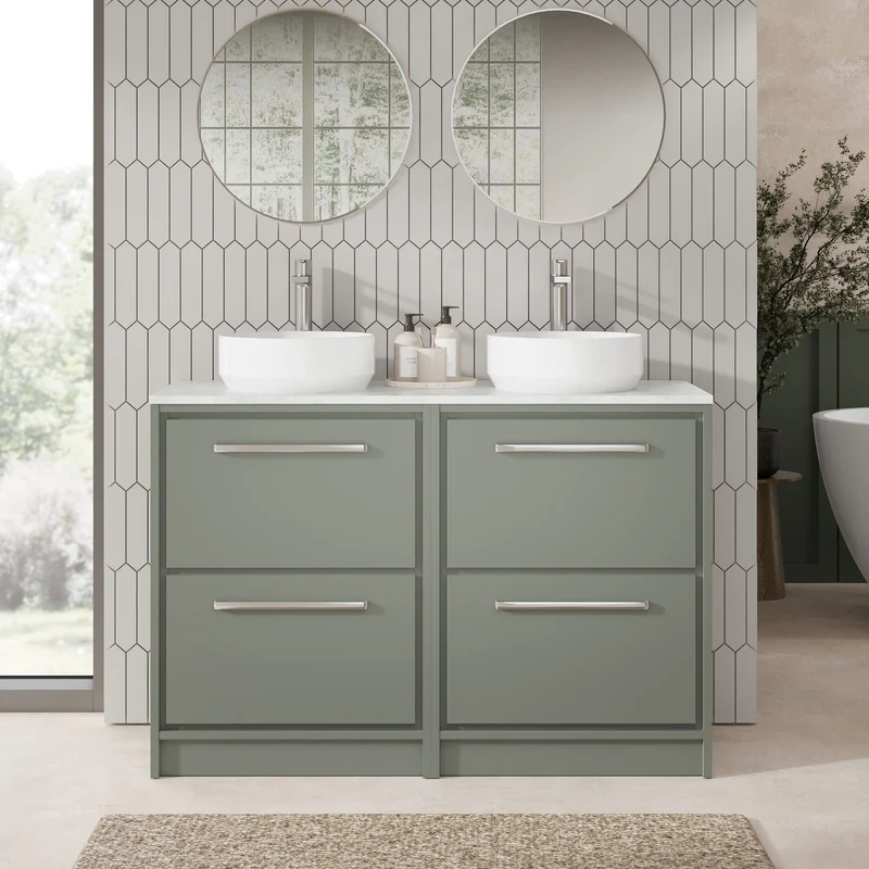 Lille 1200mm Floor Standing 4 Drawer Vanity Unit & White Marble Worktop - Fern Green Matt