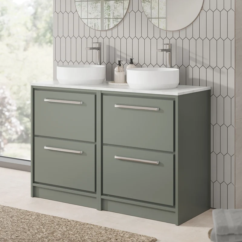 Lille 1200mm Floor Standing 4 Drawer Vanity Unit & White Marble Worktop - Fern Green Matt