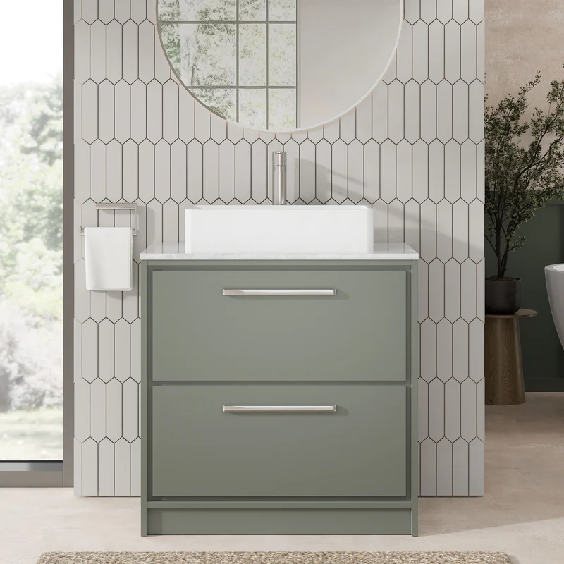 Lille 800mm Floor Standing 2 Drawer Vanity Unit & Grey Marble Worktop - Fern Green Matt