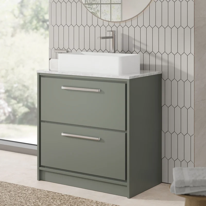 Lille 800mm Floor Standing 2 Drawer Vanity Unit & Grey Marble Worktop - Fern Green Matt