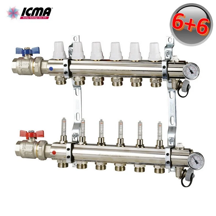 Collecteur de chauffage en laiton ICMA K023 à 6 raccords 1'' avec robinets et débitmètres