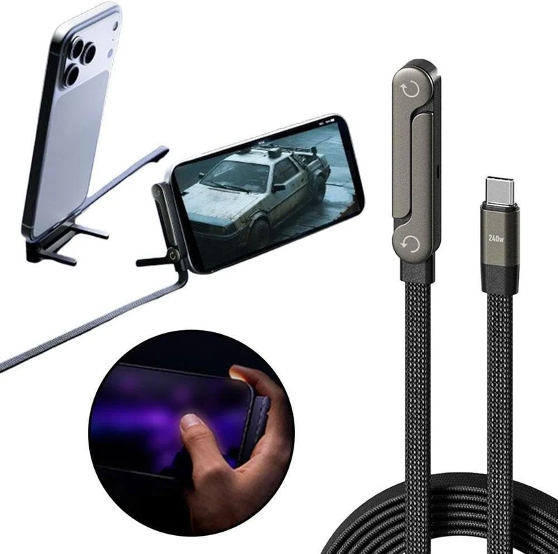 CAVO TYPE-C A TYPE-C 240W FAST CHARGING SUPPORTO SMARTPHONE PIEGHEVOLE NERO DATI