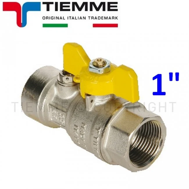 Robinet à boisseau sphérique gaz F-F 1'' post-compteur avec point de pression à levier papillon jaune - TIEMME