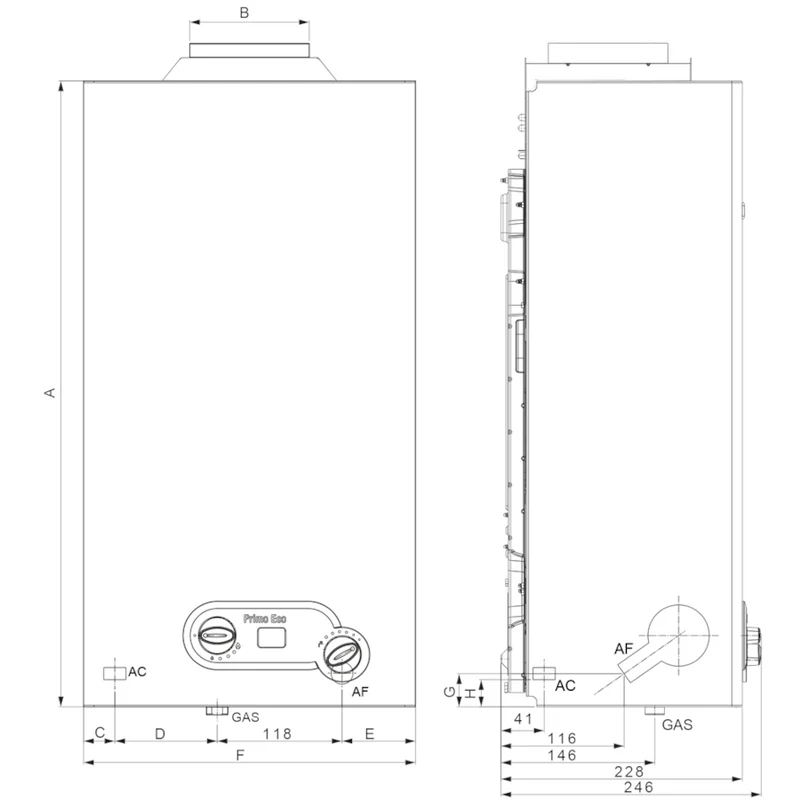 INNOVATE PRIMO ECO 14 ic D - Chauffe-eau instantané au méthane à faible émission de NOx, 14 L, à chambre ouverte et allumage par ionisation