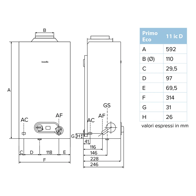 INNOVATE PRIMO ECO 11 ic D - Chauffe-eau instantané au méthane à faible émission de NOx, 11 L, chambre ouverte - allumage par ionisation