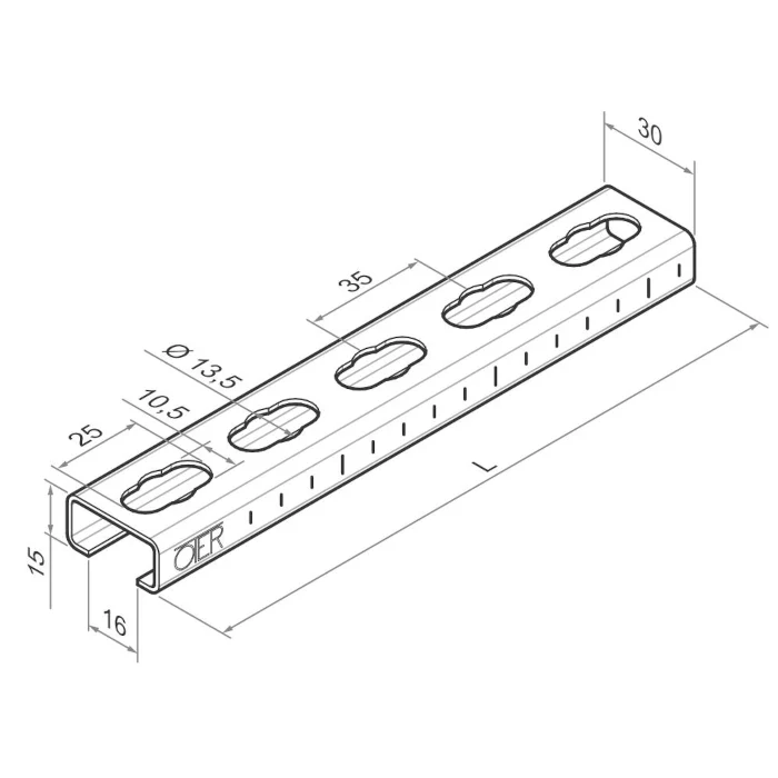 OTER - Profilé galvanisé 30x15x1,5 mm barre 2 m - système de fixation