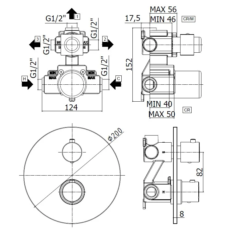 Mitigeur thermostatique de douche intégré avec inverseur 3 voies - LIQ019 CR LIGHT Paffoni, plaque ronde