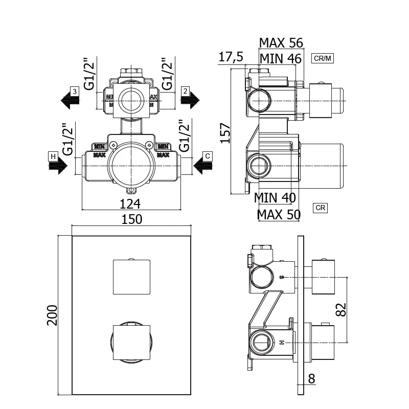 Mitigeur thermostatique de douche intégré avec inverseur 2 voies LEQ518 CR