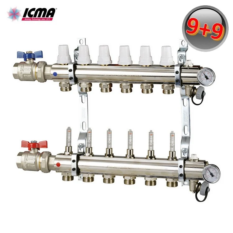 Collecteur de chauffage en laiton ICMA K023 à 9 raccords, 1 pouce, avec robinets et débitmètres
