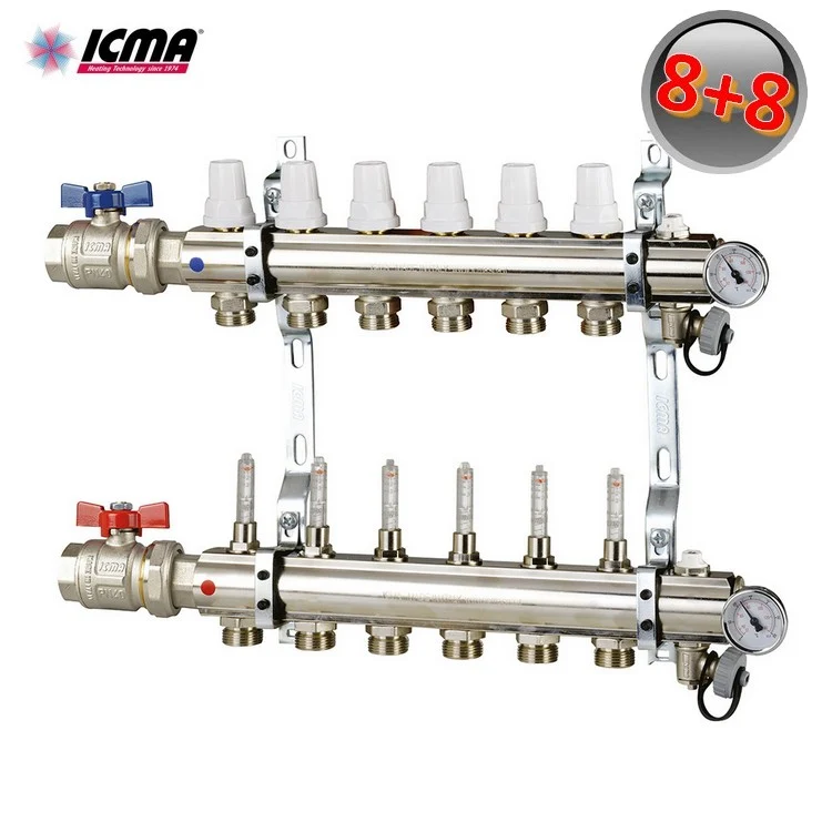 Collecteur ICMA K023 avec 8 raccords de chauffage en laiton de 1 pouce, avec robinets et débitmètres