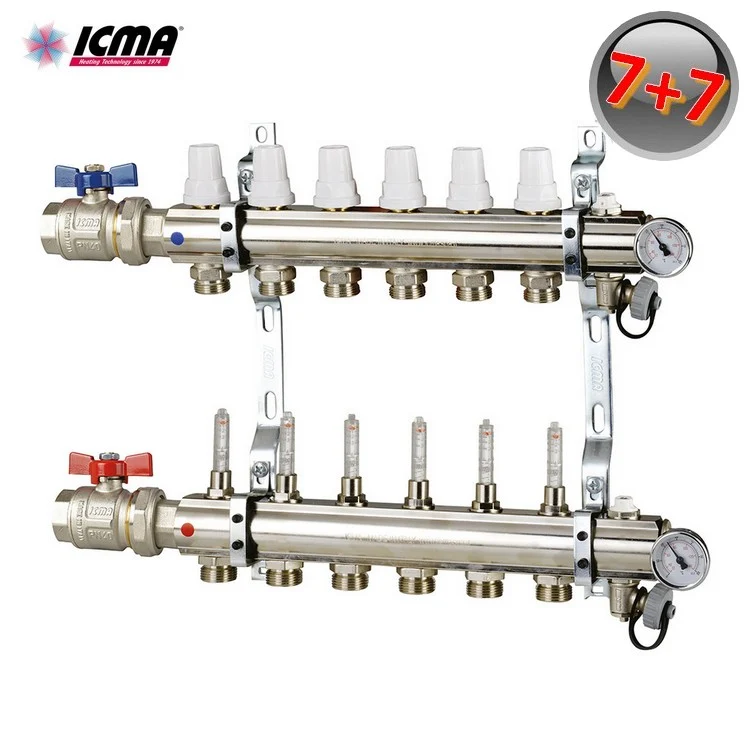 Collecteur de chauffage en laiton ICMA K023 à 7 raccords, 1 pouce, avec robinets et débitmètres