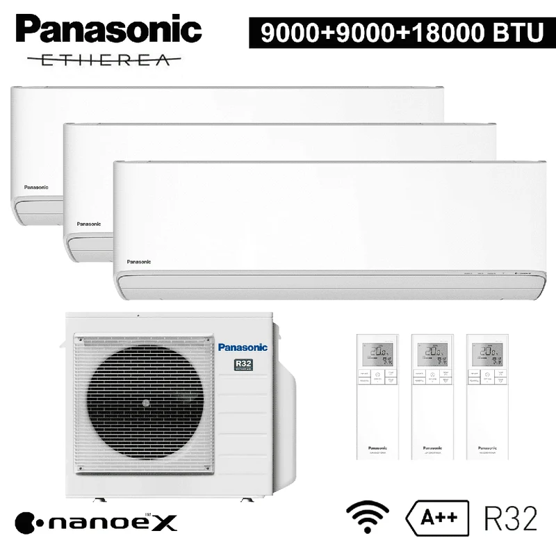TRIAL de climatisation split ETHEREA R32 Panasonic 9000+9000+18000 BTU A++ WIFI NanoeX