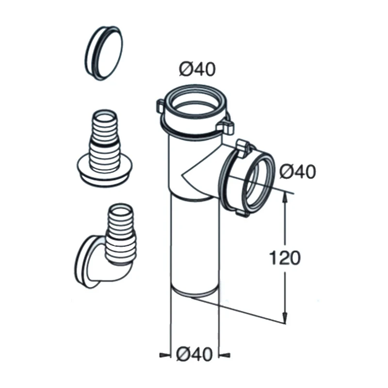 Raccord de siphon d'évier à 2 voies Ø 40 pour lave-vaisselle 120 mm