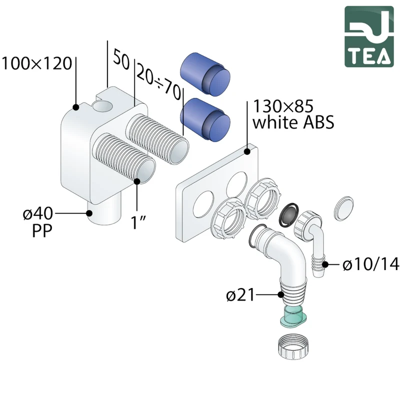 Siphon double intégré Dexa 2 en PP pour lave-linge et sèche-linge ou évacuation des condensats