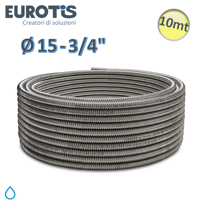 Tube ondulé Ø 15 - 3/4'' - 0,30 mm - L. 10 m en CSST malléable en acier inoxydable AISI 304 pour eau - Eurotis