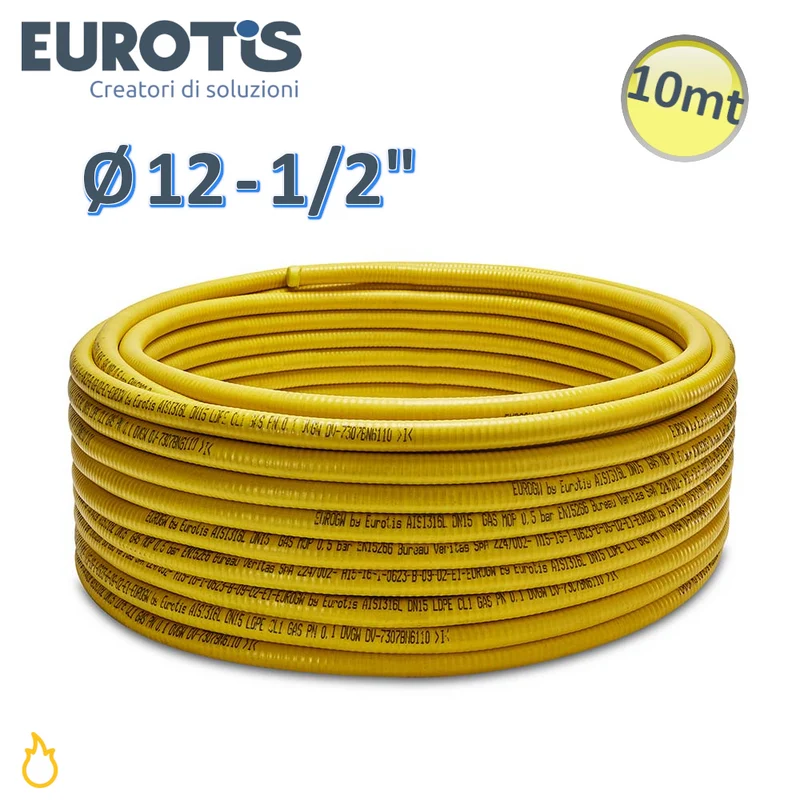Tuyau ondulé Ø 12 - 1/2'' - 0,30 mm - L. 10 m CSST jaune formable en acier inoxydable pour gaz LDPE - Eurotis