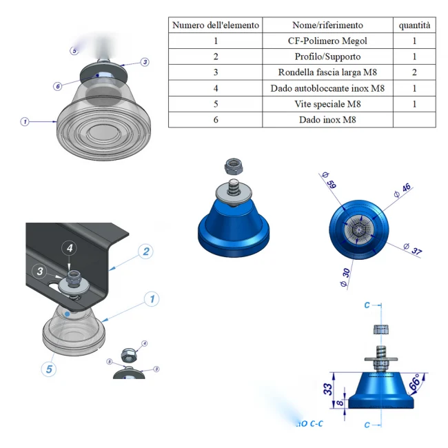 Support anti-vibrations au sol Megol, charge maximale 48 kg. Couleur grise - 4 pièces