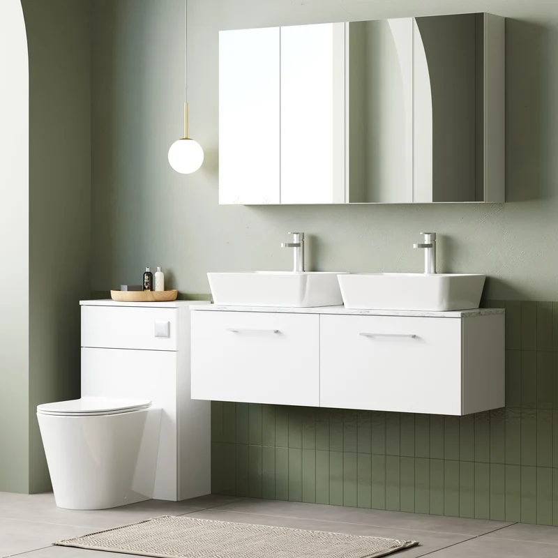 Lana 1200mm Wall Hung 2 Drawer Vanity Unit & Carrera Marble Laminate Worktop - White Gloss