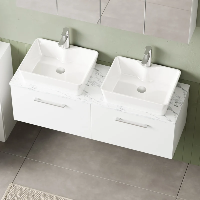 Lana 1200mm Wall Hung 2 Drawer Vanity Unit & Carrera Marble Laminate Worktop - White Gloss